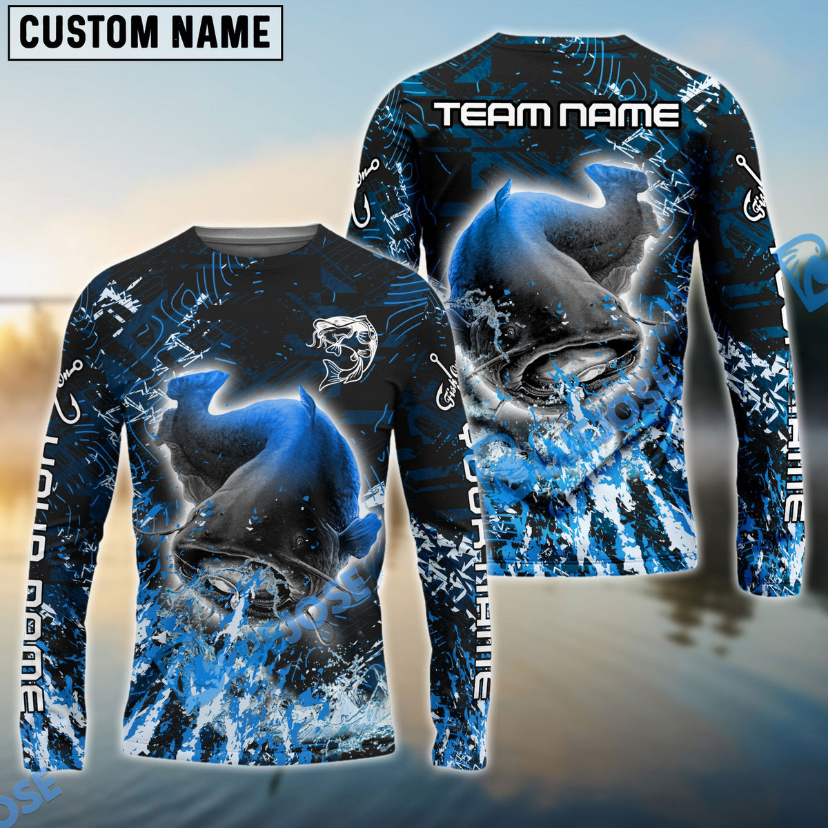 BlueJose Catfish Fishing Dark Grunge Blue Custom Name & Team Name 3D Shirts