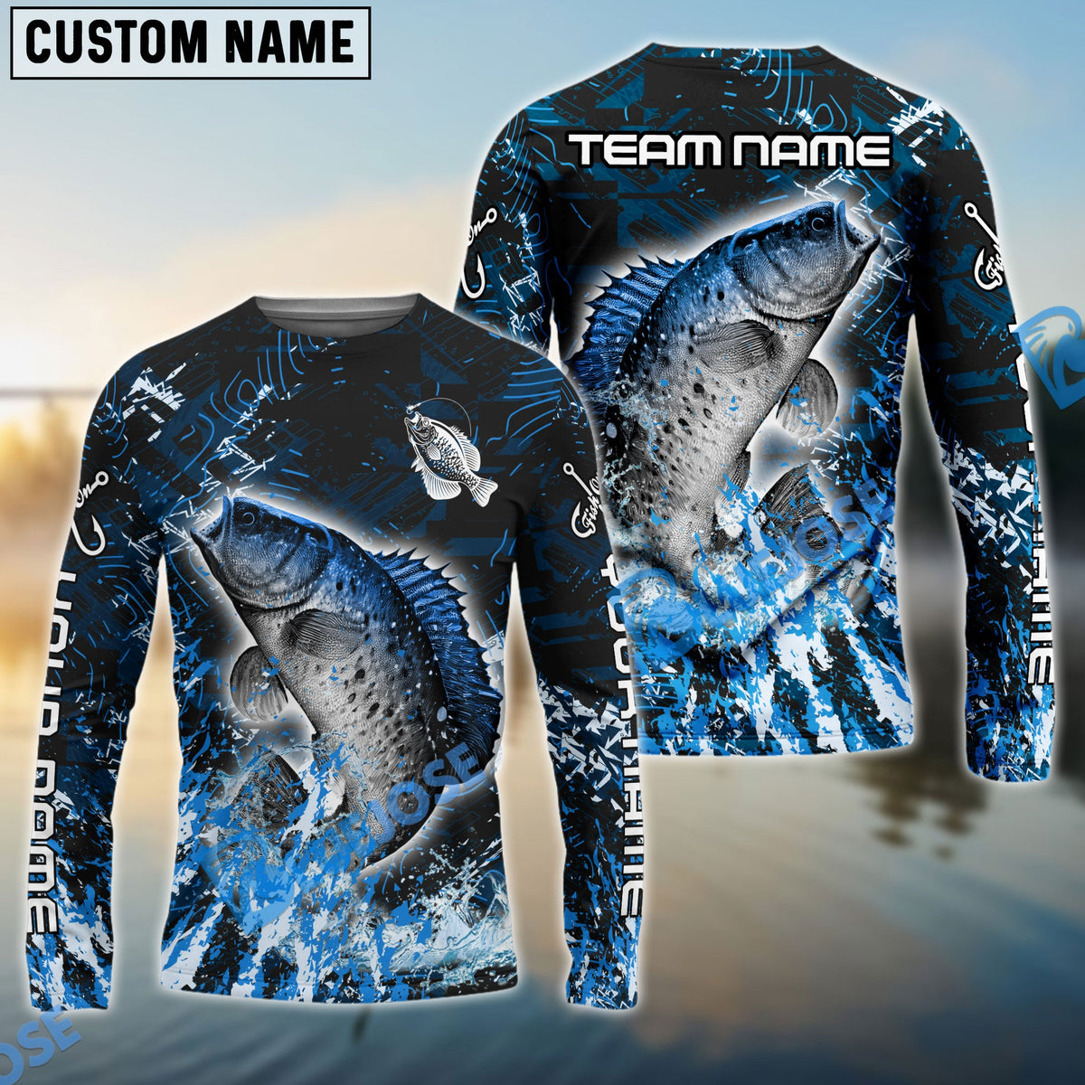BlueJose Crappie Fishing Dark Grunge Blue Custom Name & Team Name 3D Shirts