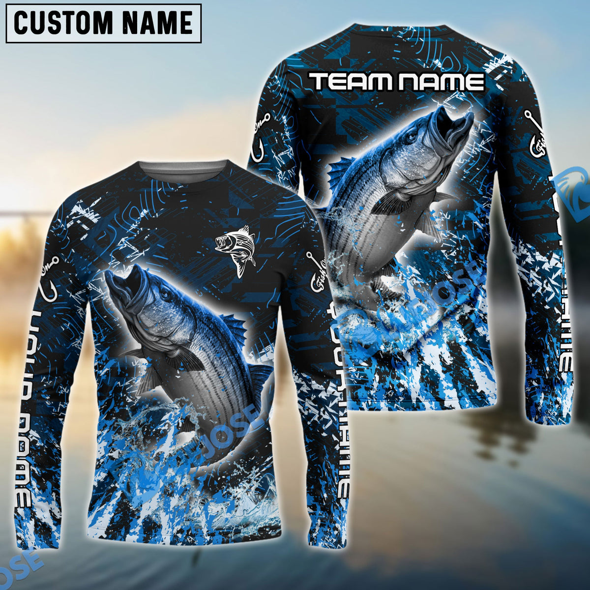 BlueJose Striped Bass Fishing Dark Grunge Blue Custom Name & Team Name 3D Shirts
