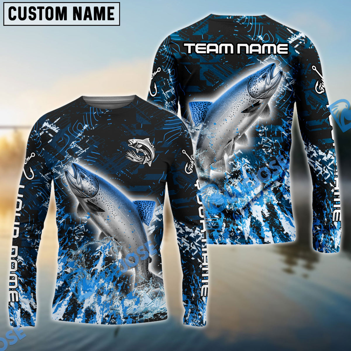 BlueJose Salmon Fishing Dark Grunge Blue Custom Name & Team Name 3D Shirts