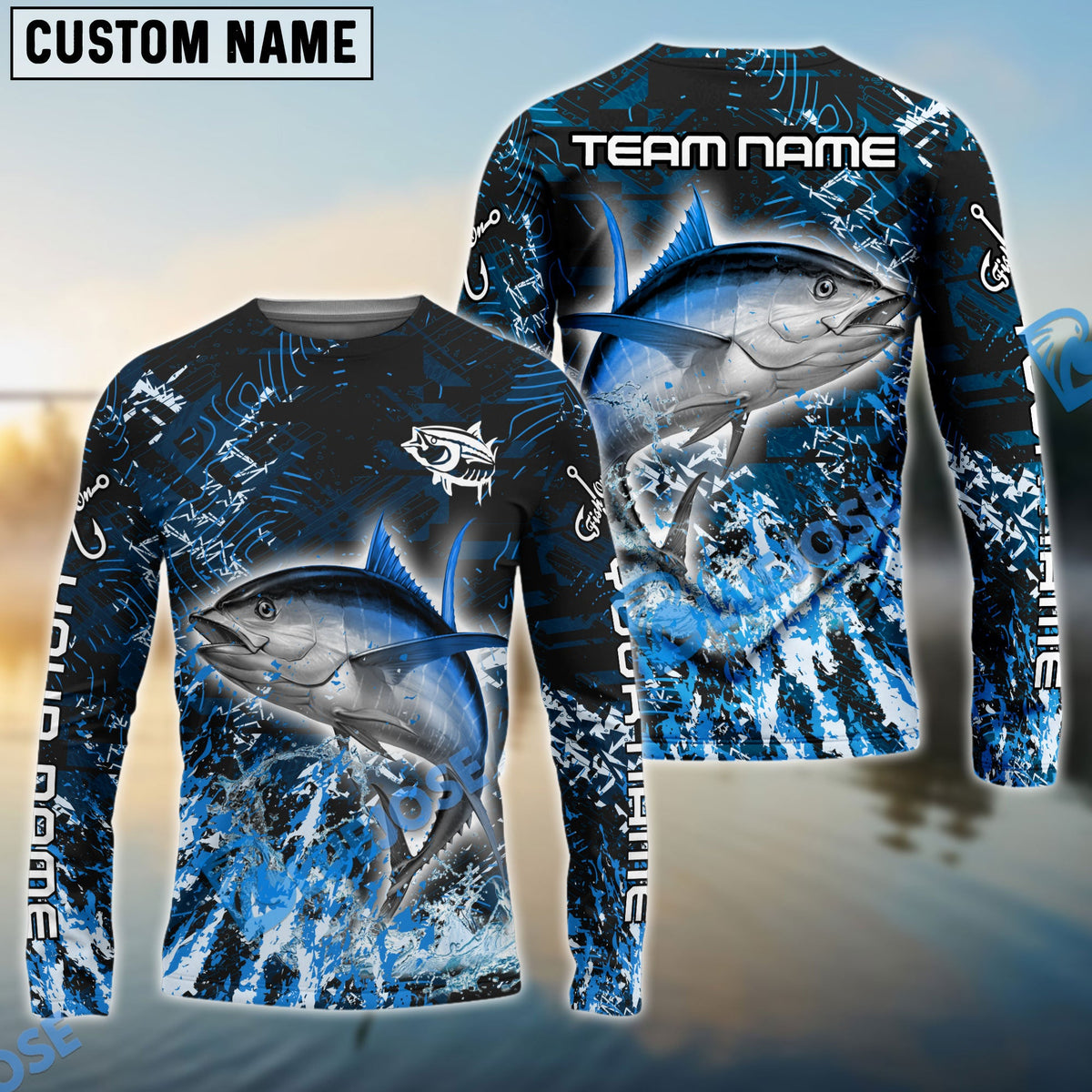 BlueJose Tuna Fishing Dark Grunge Blue Custom Name & Team Name 3D Shirts