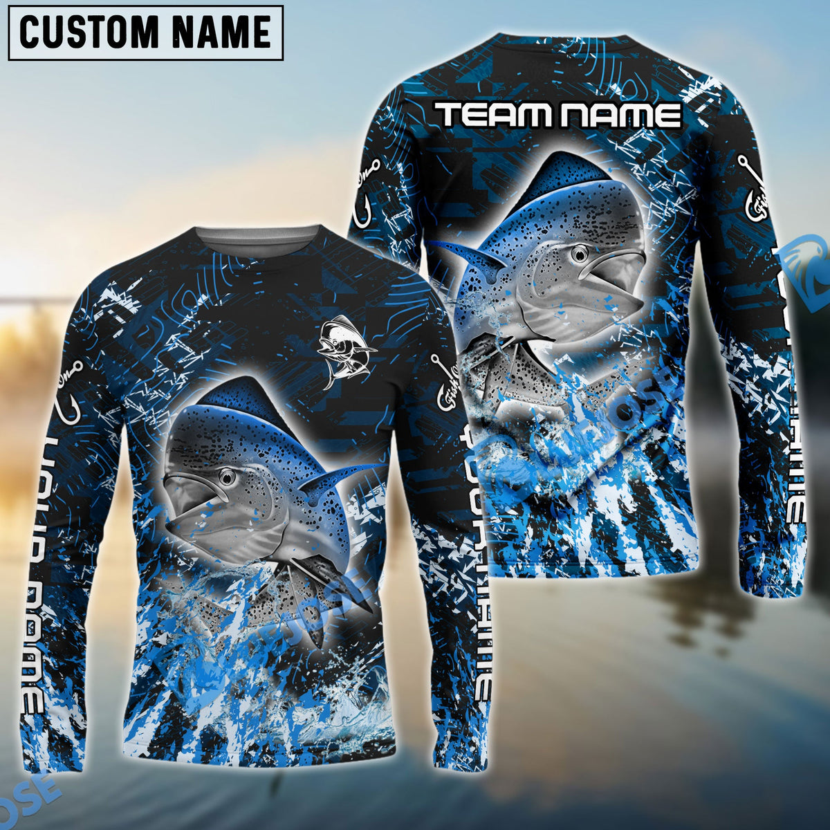 BlueJose Mahi mahi Fishing Dark Grunge Blue Custom Name & Team Name 3D Shirts