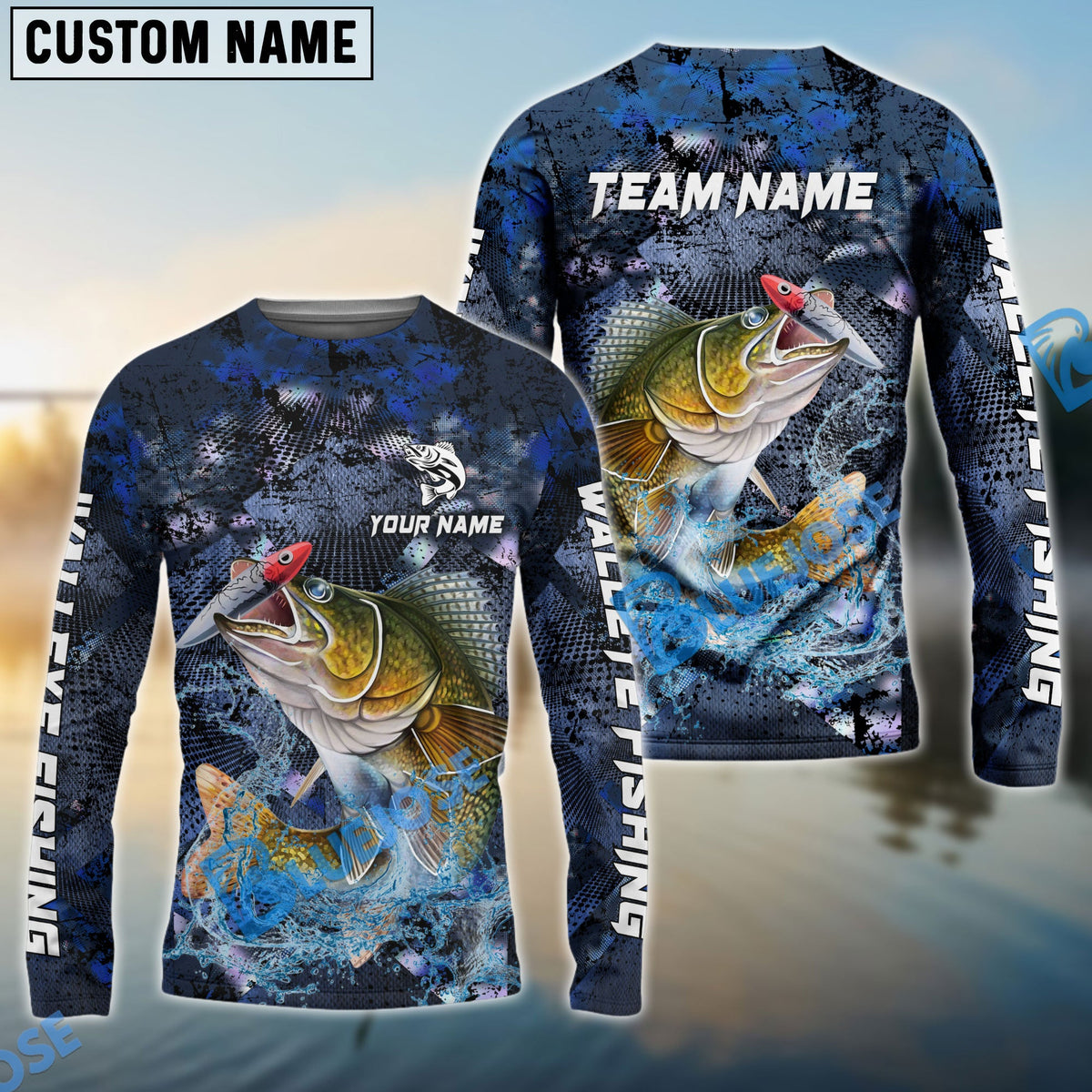 BlueJose Walleye Fishing Dark Blue Camouflage Custom Name & Team Name 3D Shirts
