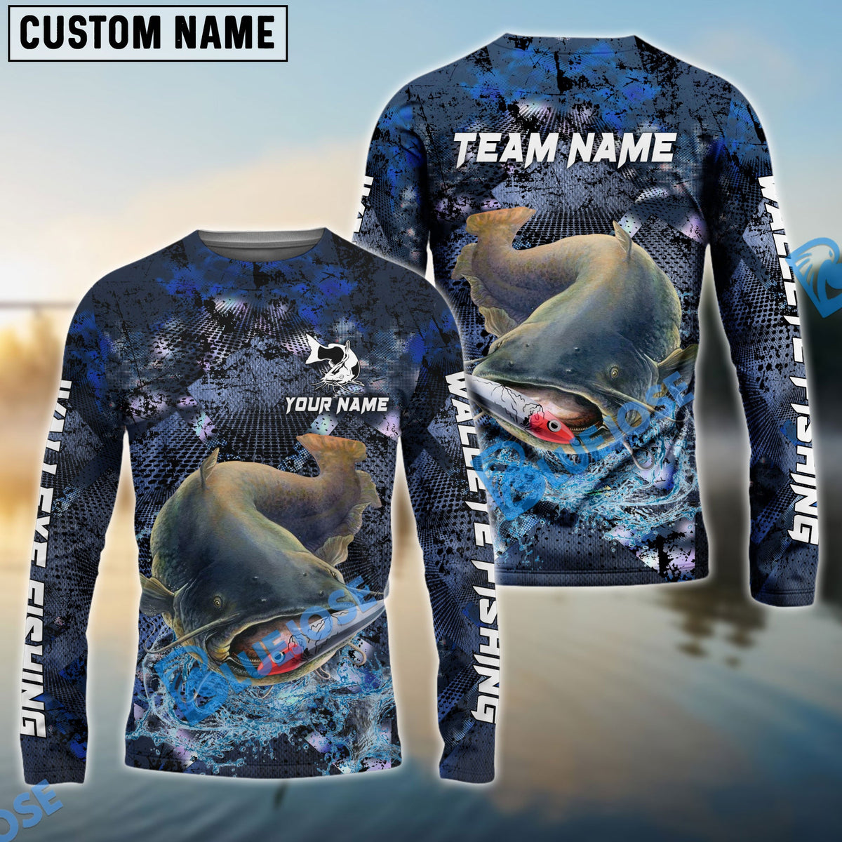 BlueJose Catfish Fishing Dark Blue Camouflage Custom Name & Team Name 3D Shirts