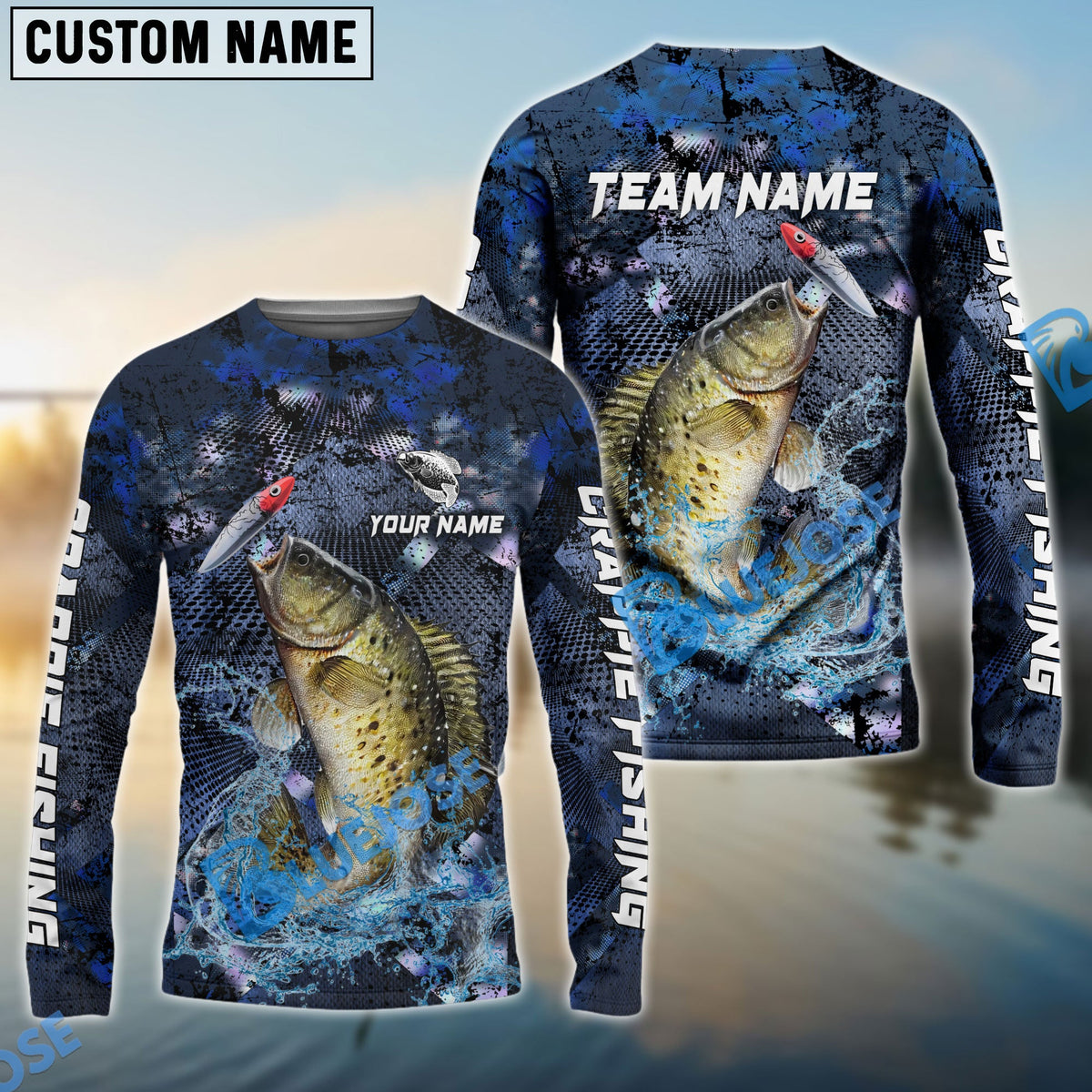 BlueJose Crappie Fishing Dark Blue Camouflage Custom Name & Team Name 3D Shirts