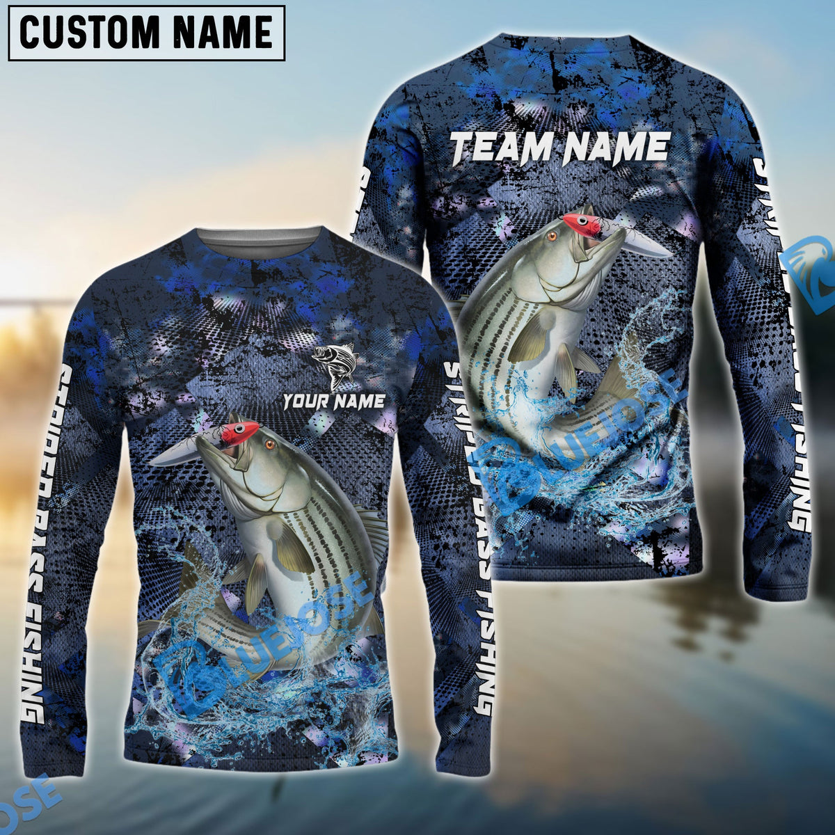 BlueJose Striped Bass Fishing Dark Blue Camouflage Custom Name & Team Name 3D Shirts