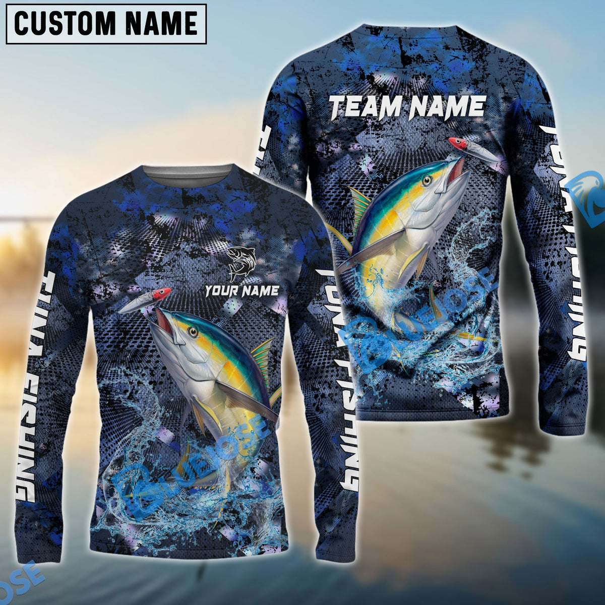 BlueJose Tuna Fishing Dark Blue Camouflage Custom Name & Team Name 3D Shirts