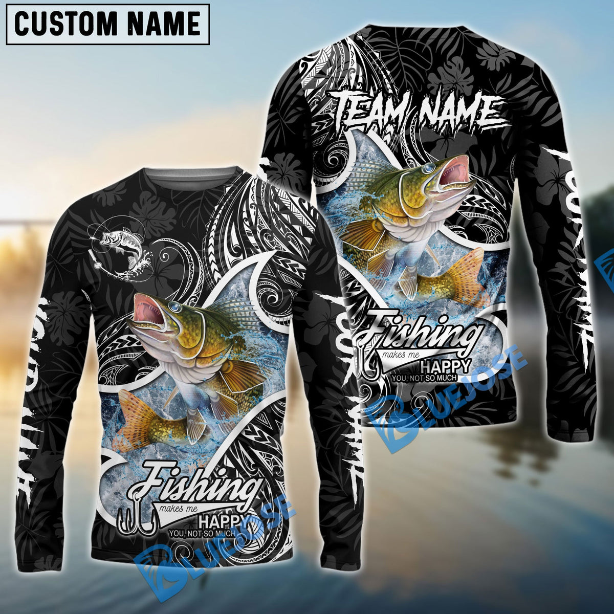 BlueJose Walleye Fishing Black White Maori Custom Name & Team Name 3D Shirts