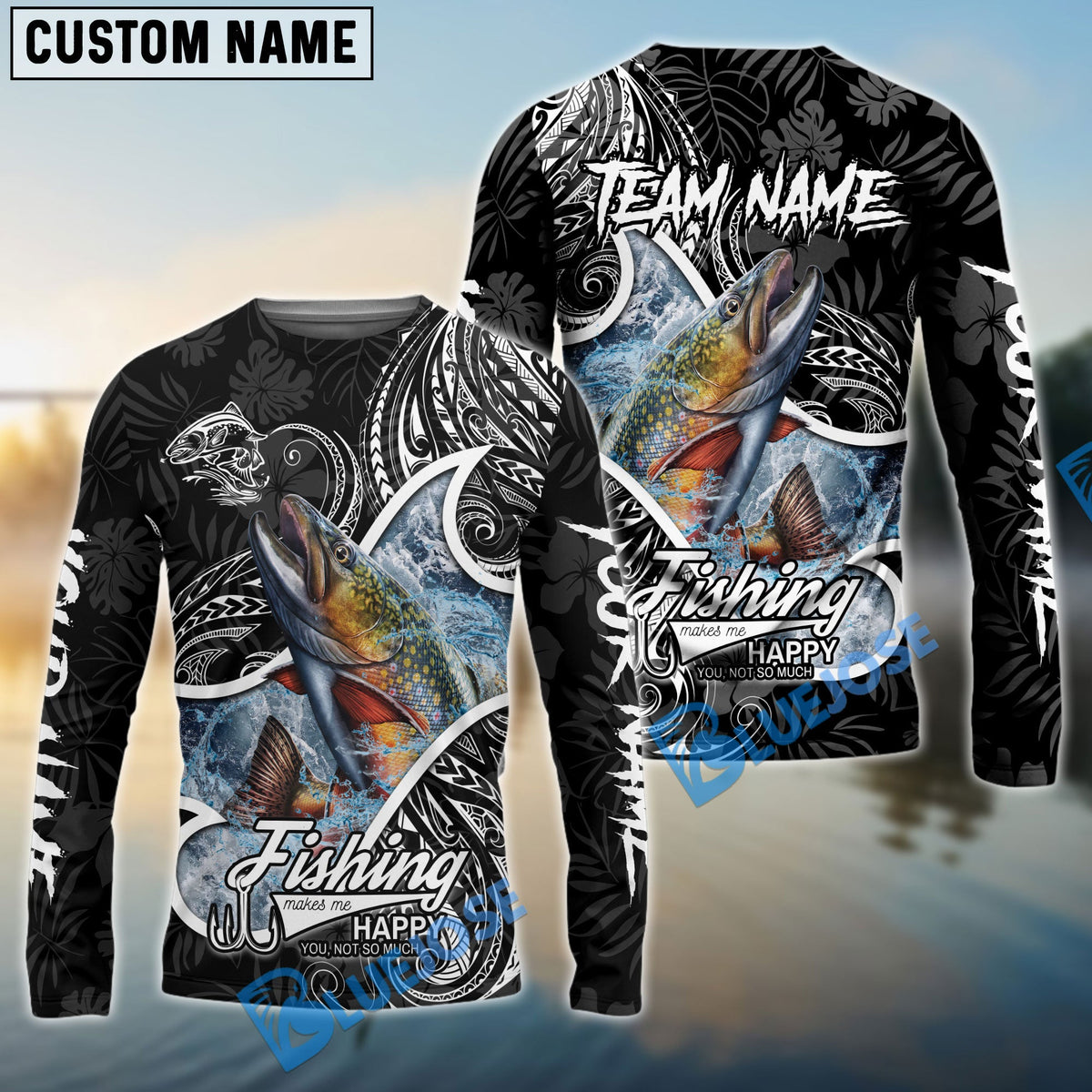 BlueJose Trout Fishing Black White Maori Custom Name & Team Name 3D Shirts