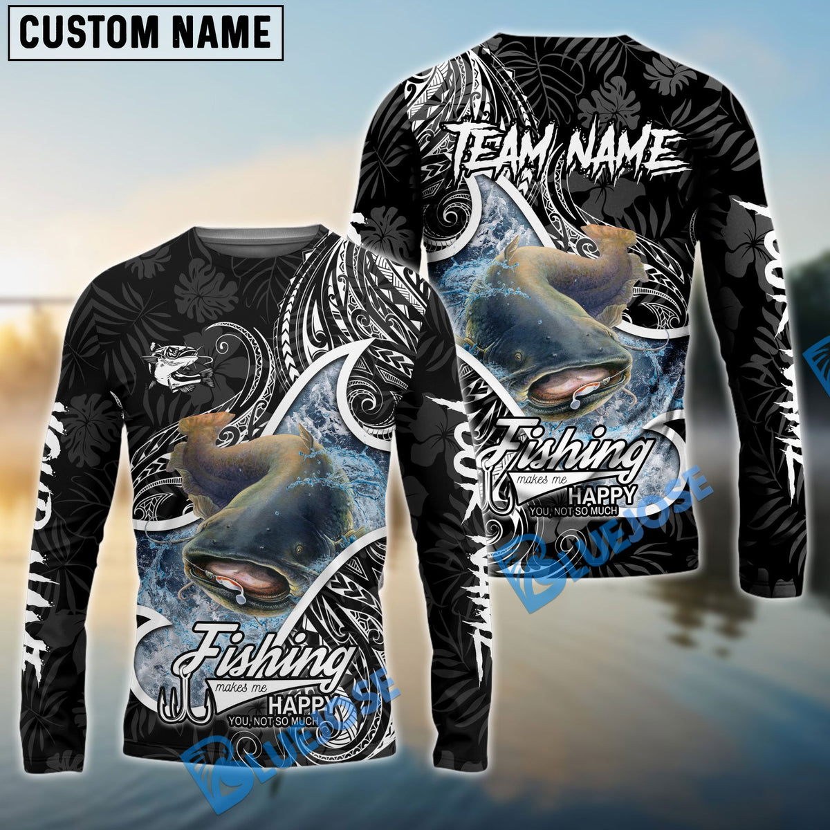 BlueJose Catfish Fishing Black White Maori Custom Name & Team Name 3D Shirts