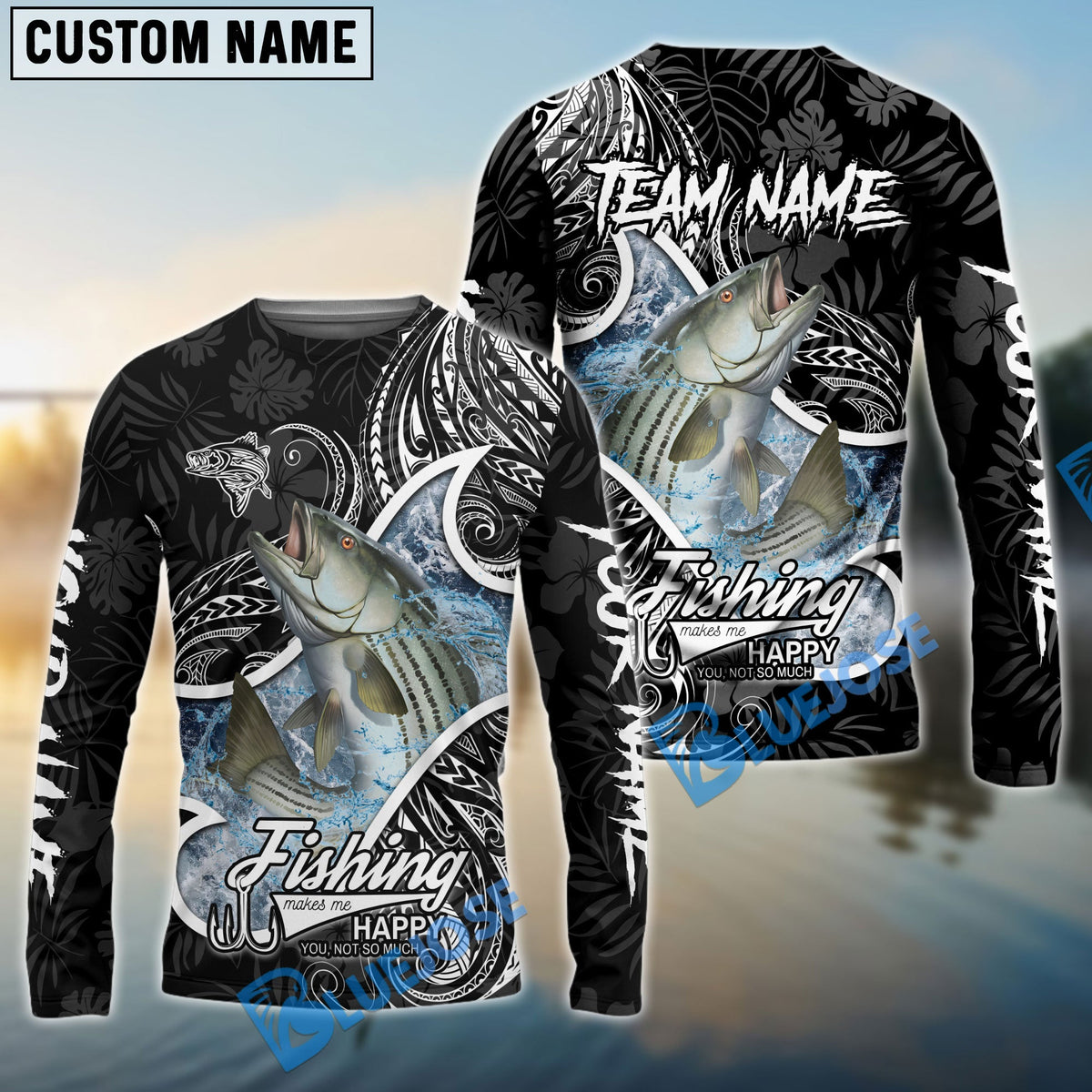 BlueJose Striped Bass Fishing Black White Maori Custom Name & Team Name 3D Shirts