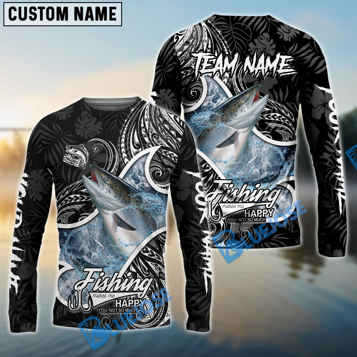 BlueJose Salmon Fishing Black White Maori Custom Name & Team Name 3D Shirts