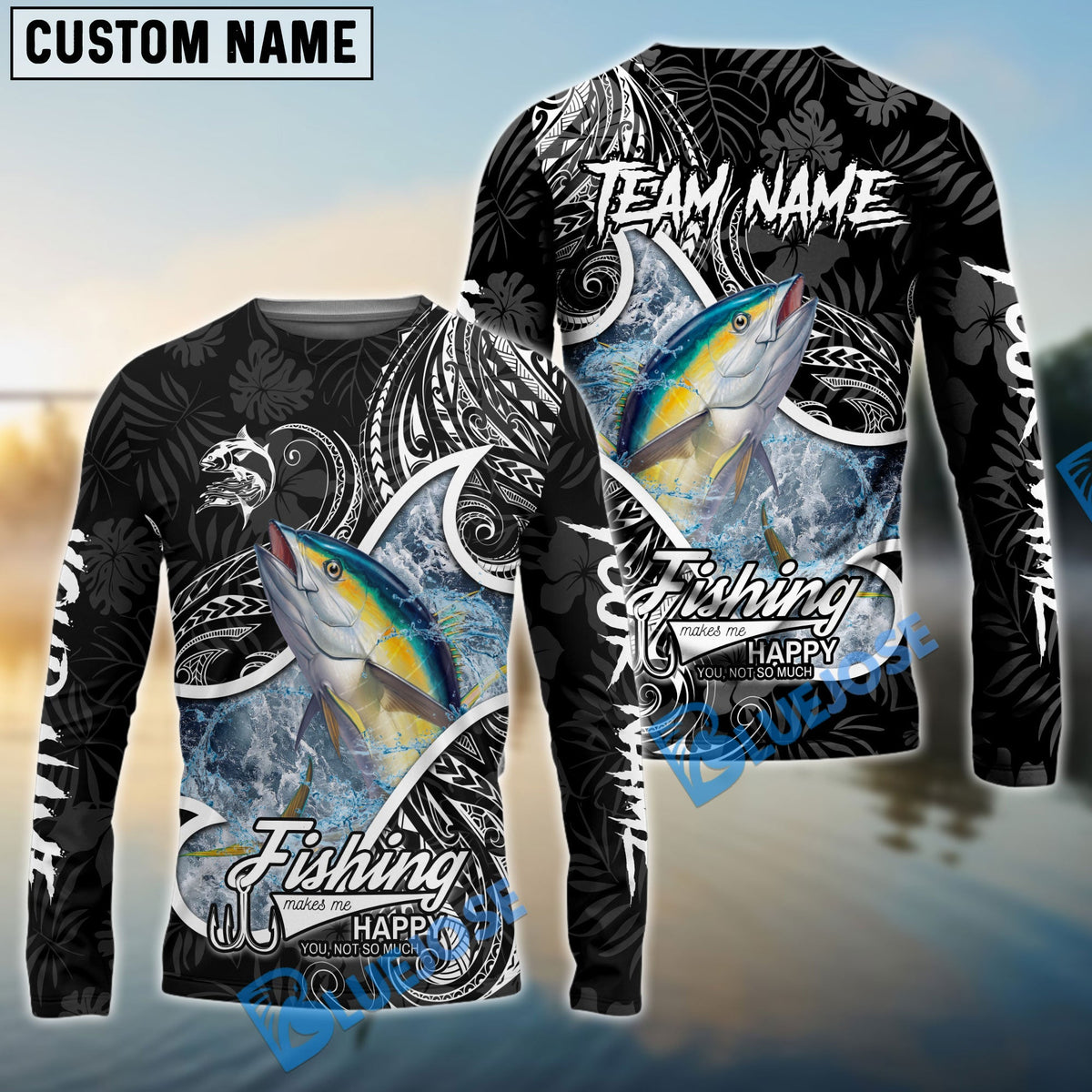 BlueJose Tuna Fishing Black White Maori Custom Name & Team Name 3D Shirts