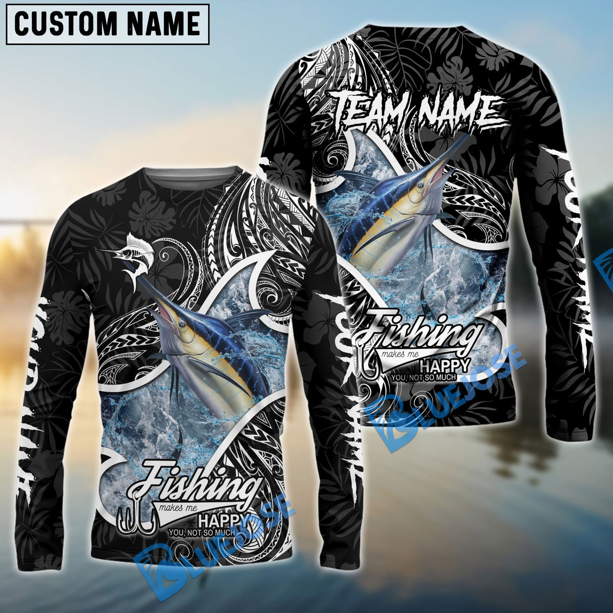 BlueJose Marlin Fishing Black White Maori Custom Name & Team Name 3D Shirts