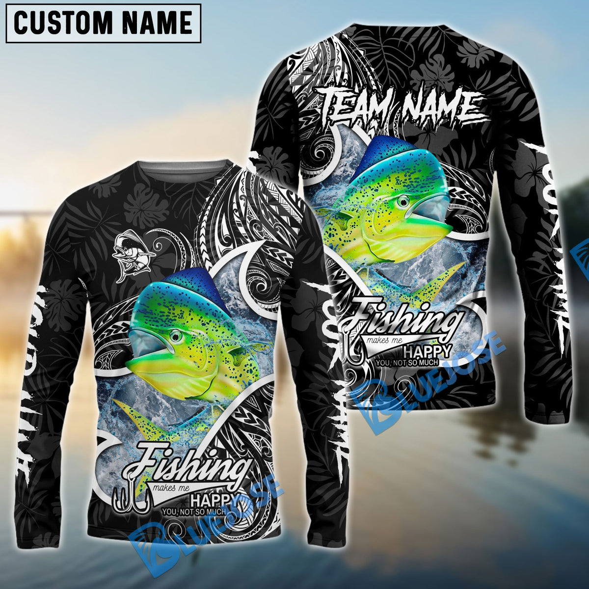 BlueJose Mahimahi Fishing Black White Maori Custom Name & Team Name 3D Shirts