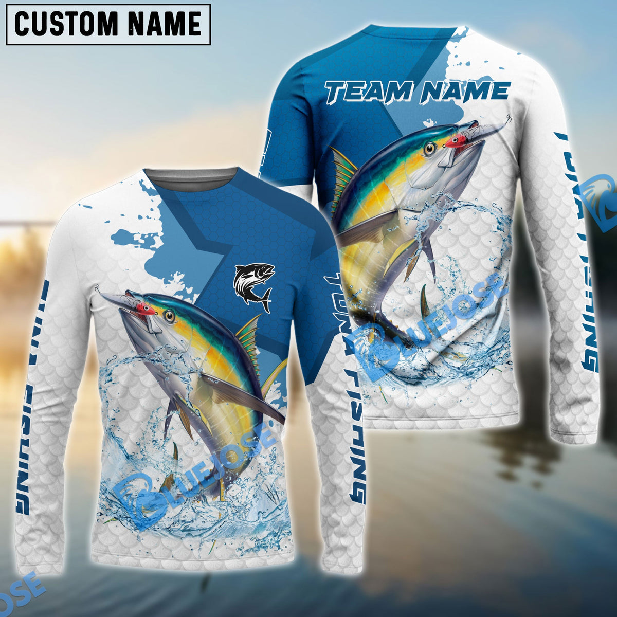 BlueJose Tuna Fishing White Fin Blue Paint Sport Custom Name & Team Name 3D Shirts