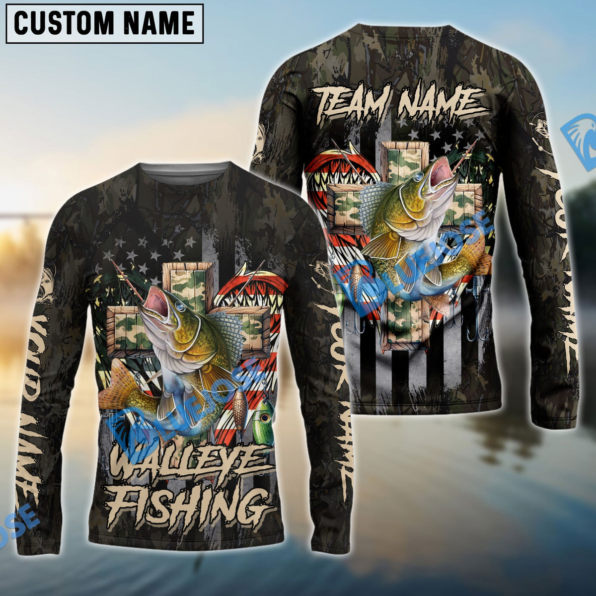 BlueJose Walleye Fishing American Flag Camo Cross Gear Custom Name & Team Name 3D Shirts