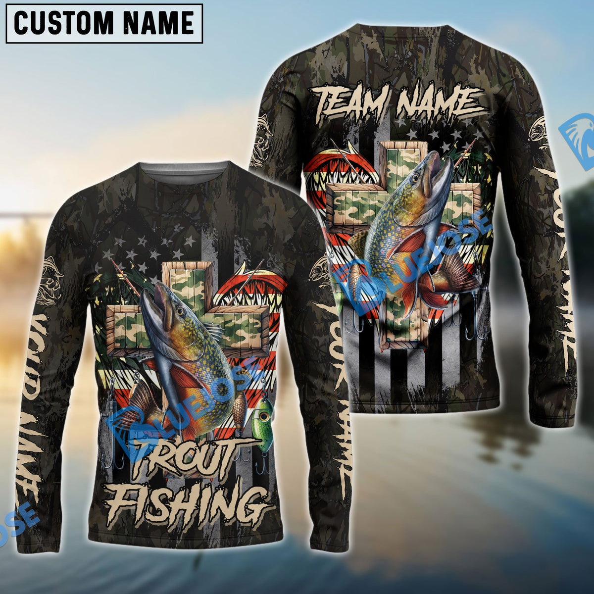 BlueJose Trout Fishing American Flag Camo Cross Gear Custom Name & Team Name 3D Shirts