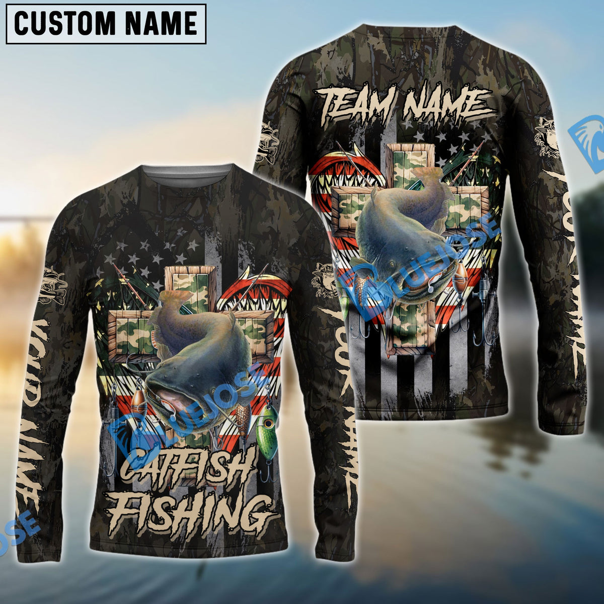 BlueJose Catfish Fishing American Flag Camo Cross Gear Custom Name & Team Name 3D Shirts