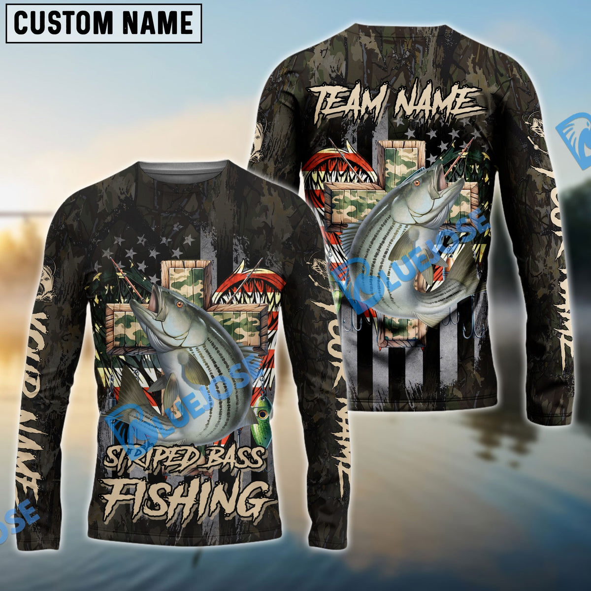 BlueJose Striped Bass Fishing American Flag Camo Cross Gear Custom Name & Team Name 3D Shirts