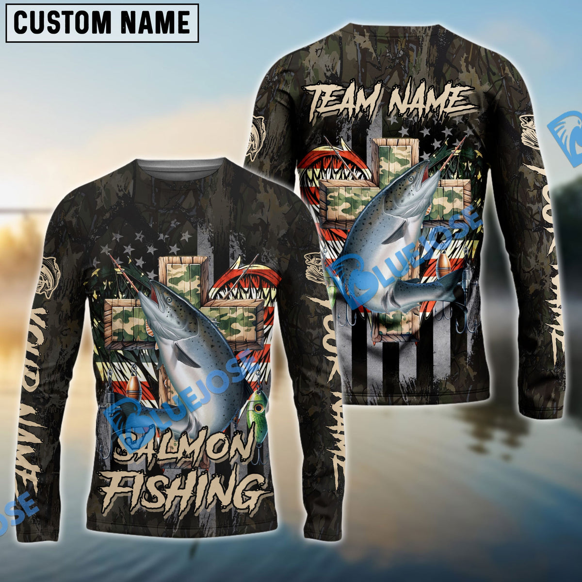 BlueJose Salmon Fishing American Flag Camo Cross Gear Custom Name & Team Name 3D Shirts