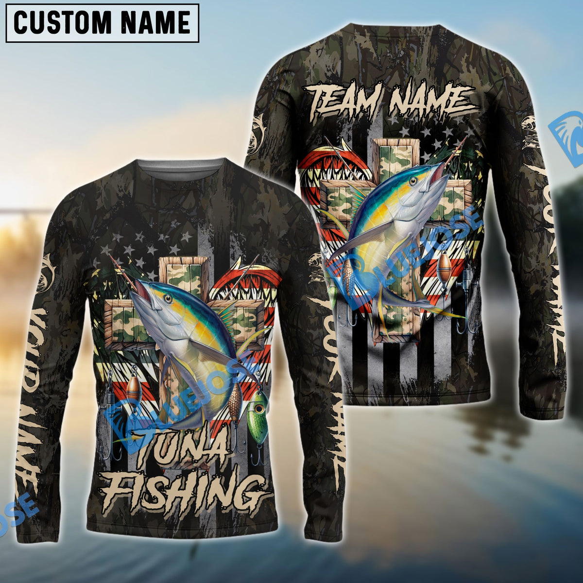BlueJose Tuna Fishing American Flag Camo Cross Gear Custom Name & Team Name 3D Shirts