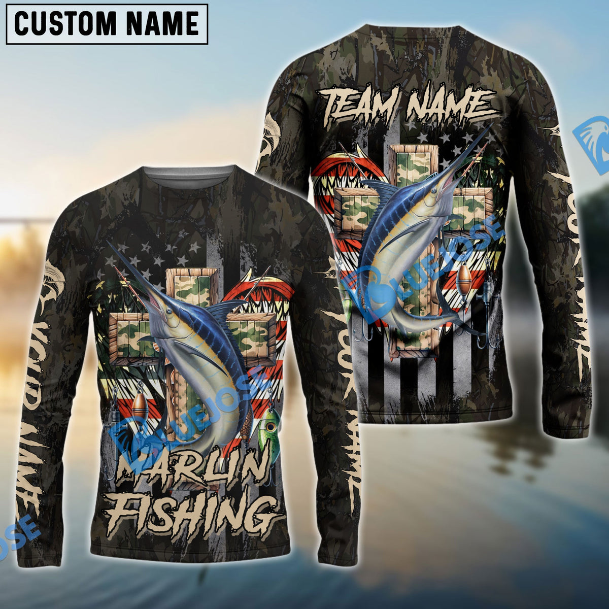 BlueJose Marlin Fishing American Flag Camo Cross Gear Custom Name & Team Name 3D Shirts