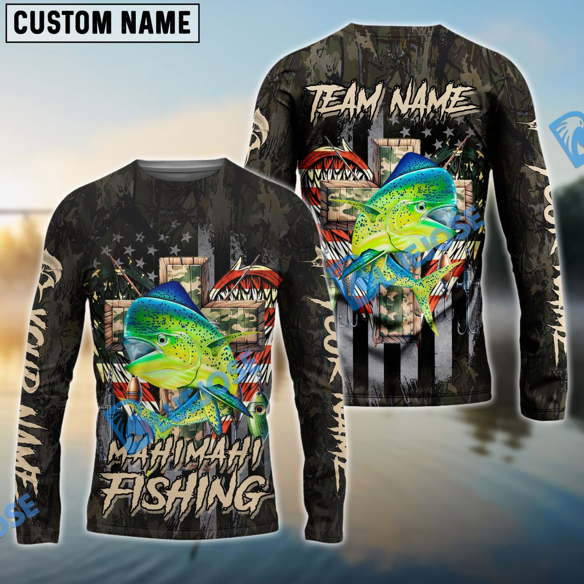 BlueJose Mahi-mahi Fishing American Flag Camo Cross Gear Custom Name & Team Name 3D Shirts