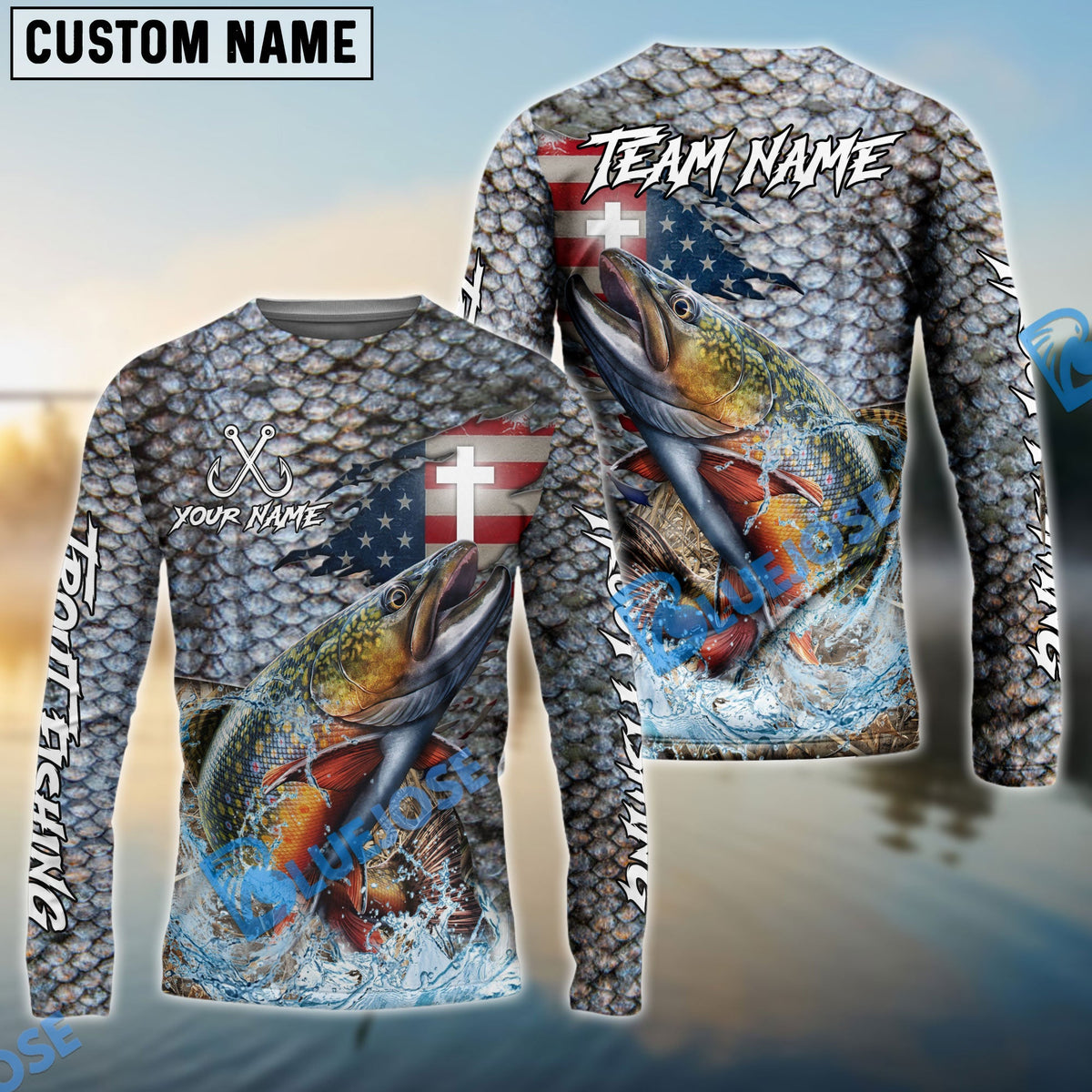 BlueJose Trout Fishing American Flag Camo Cross Skin Custom Name & Team Name 3D Shirts