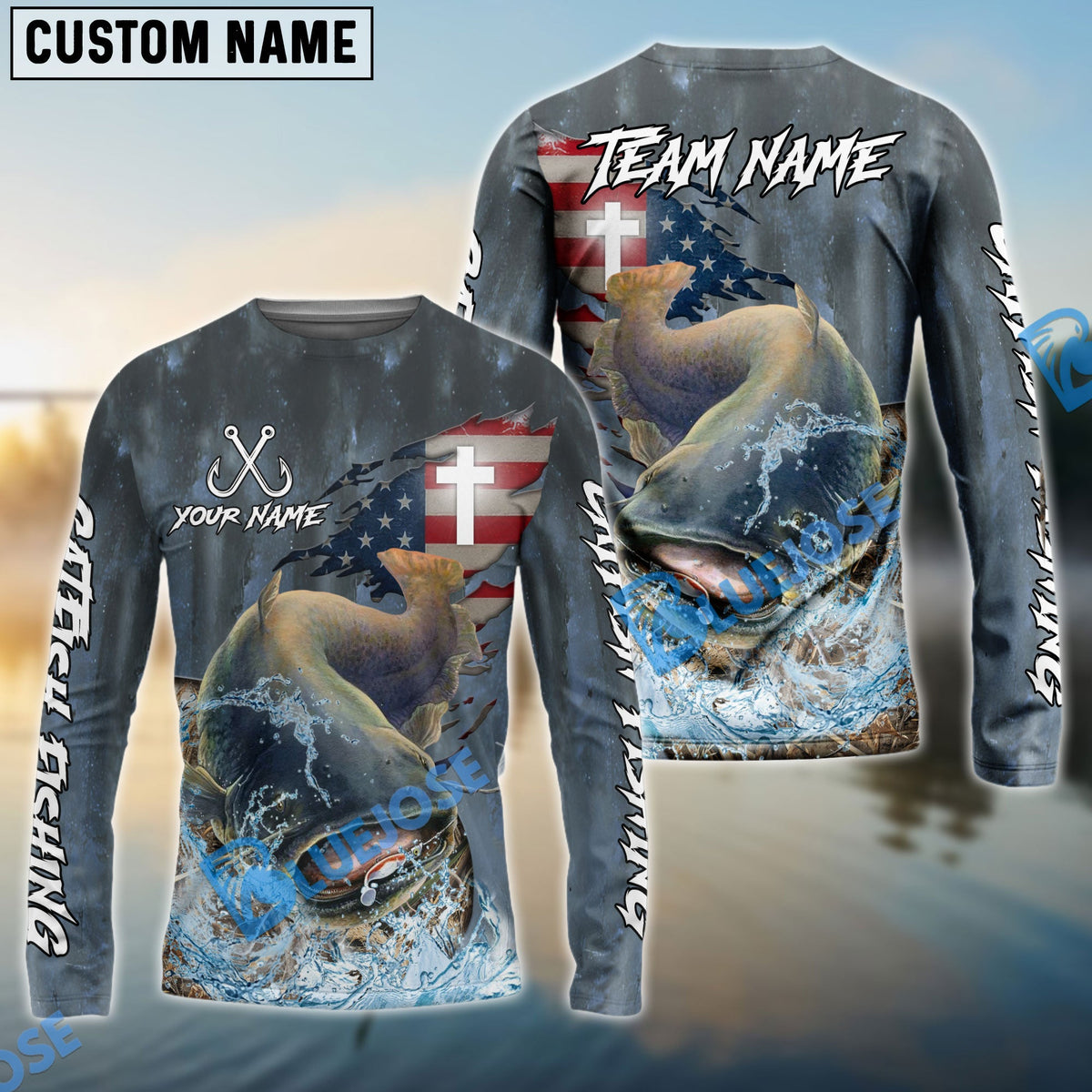 BlueJose Catfish Fishing American Flag Camo Cross Skin Custom Name & Team Name 3D Shirts