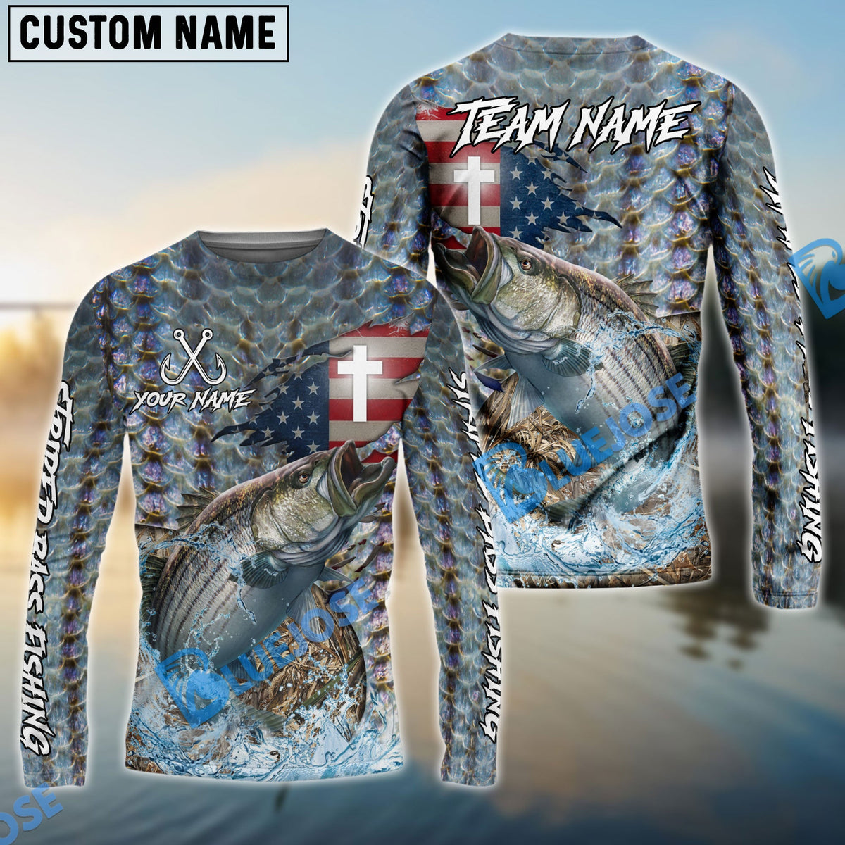 BlueJose Striped Bass Fishing American Flag Camo Cross Skin Custom Name & Team Name 3D Shirts