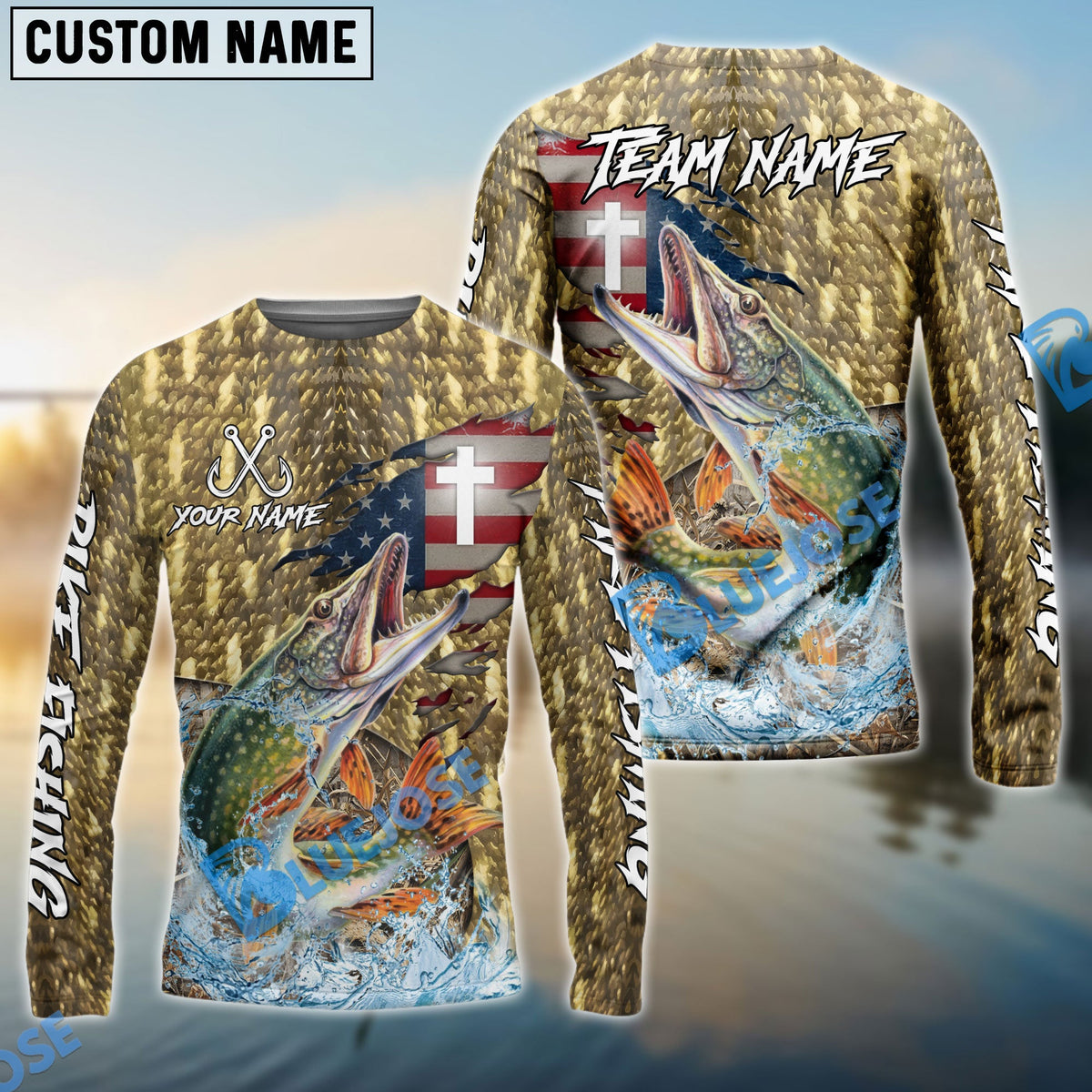 BlueJose Pike Fishing American Flag Camo Cross Skin Custom Name & Team Name 3D Shirts