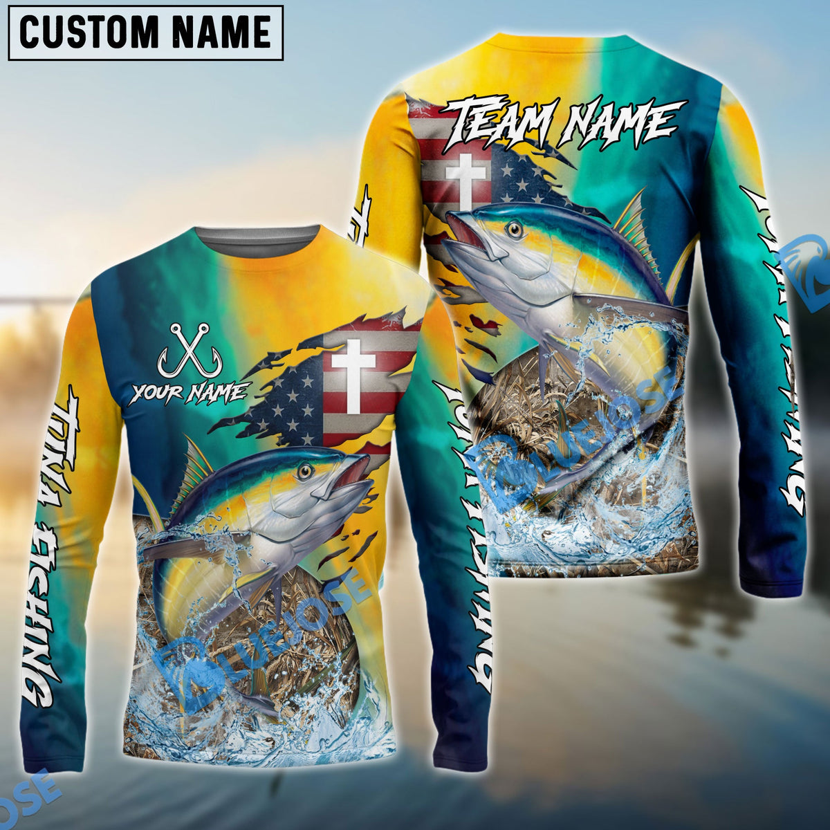 BlueJose Tuna Fishing American Flag Camo Cross Skin Custom Name & Team Name 3D Shirts