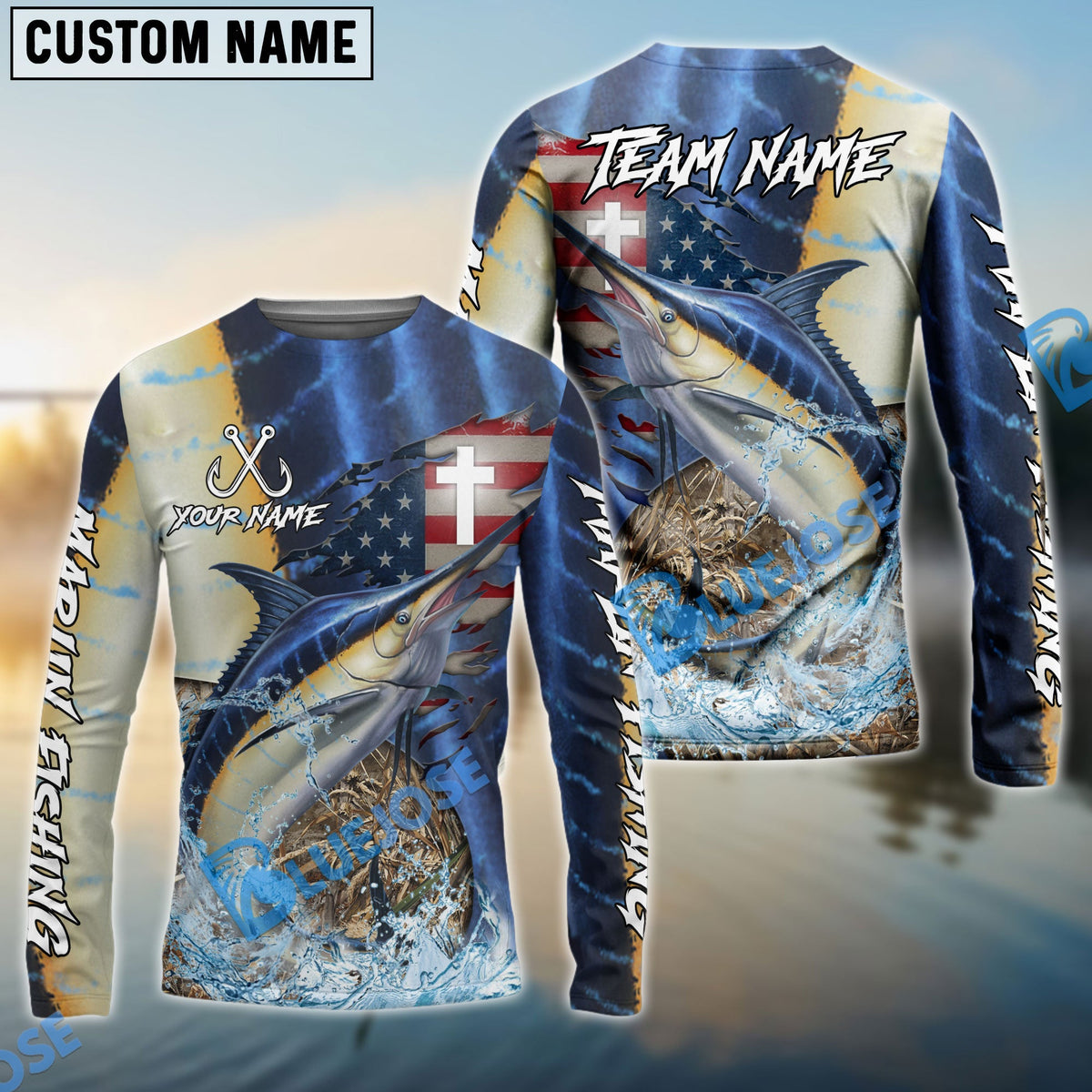 BlueJose Marlin Fishing American Flag Camo Cross Skin Custom Name & Team Name 3D Shirts