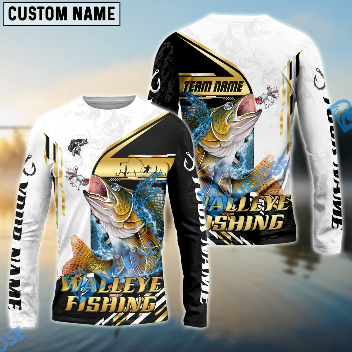 BlueJose Walleye Fishing Hook Graphic & Jumping Fish Art Custom Name & Team Name 3D Shirts