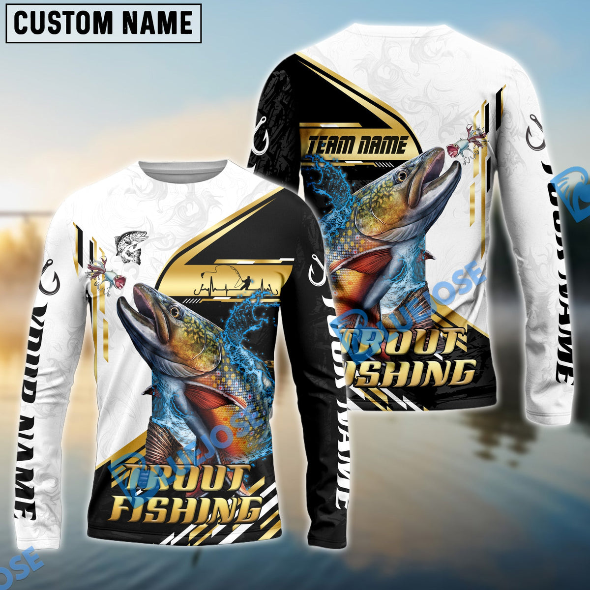 BlueJose Trout Fishing Hook Graphic & Jumping Fish Art Custom Name & Team Name 3D Shirts