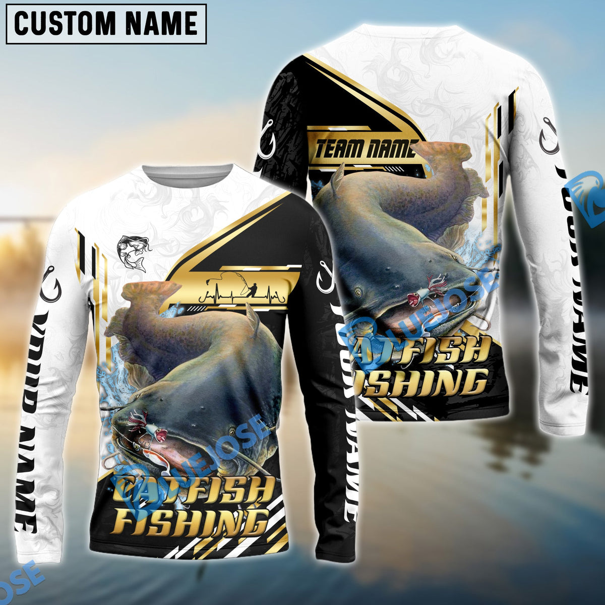 BlueJose Catfish Fishing Hook Graphic & Jumping Fish Art Custom Name & Team Name 3D Shirts