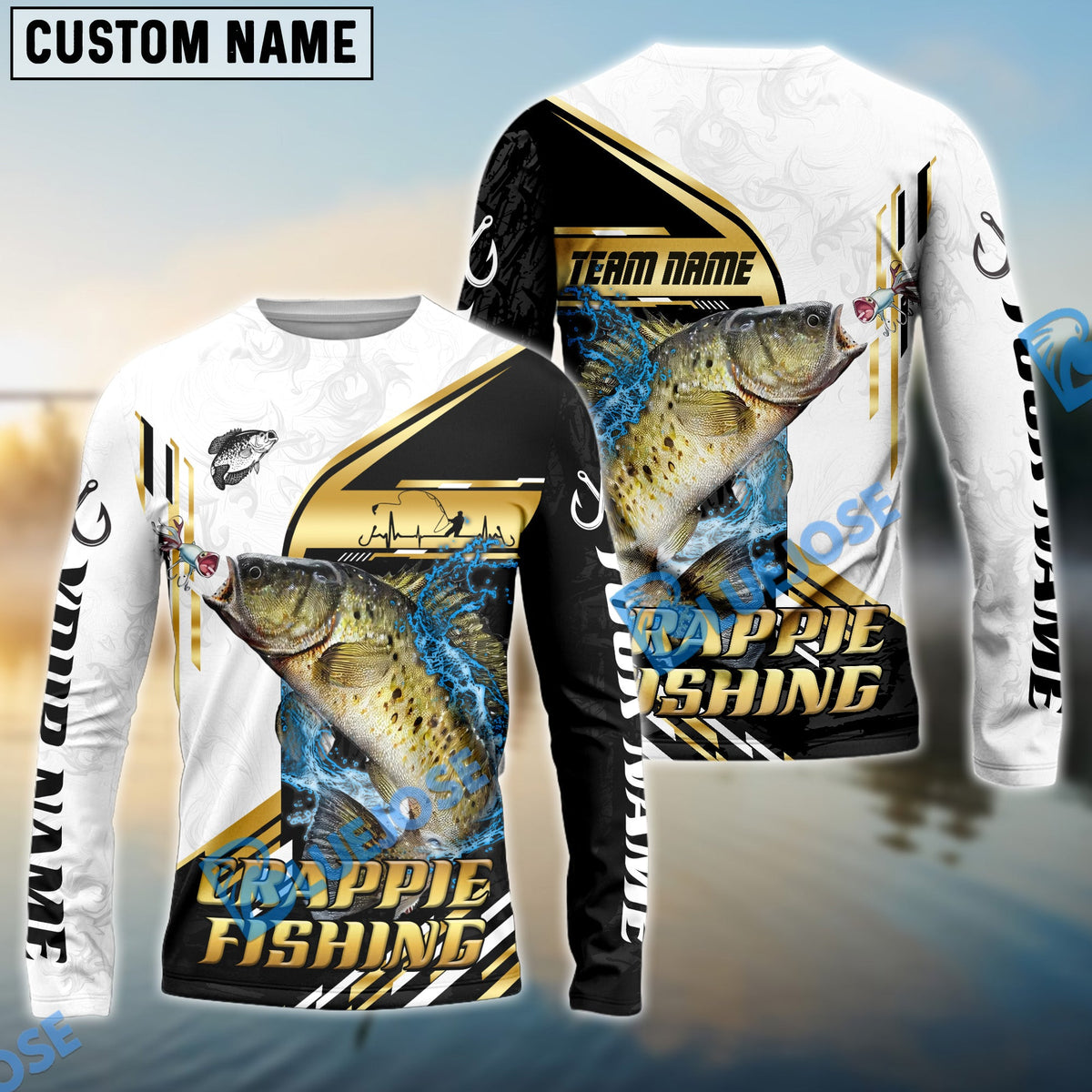 BlueJose Crappie Fishing Hook Graphic & Jumping Fish Art Custom Name & Team Name 3D Shirts