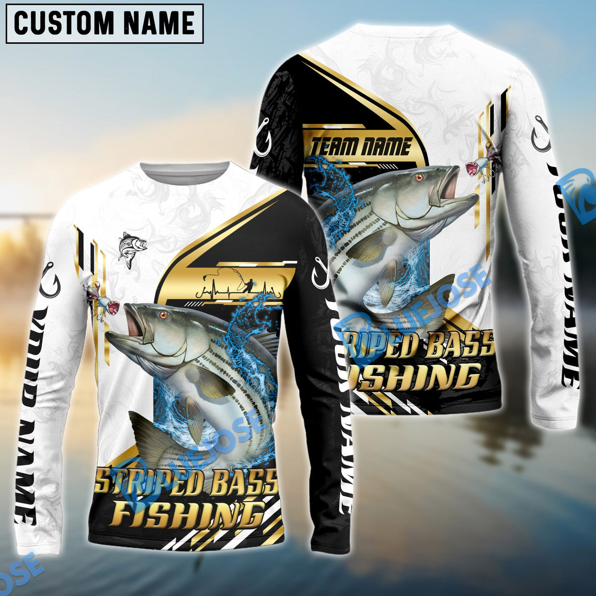 BlueJose Striped Bass Fishing Hook Graphic & Jumping Fish Art Custom Name & Team Name 3D Shirts