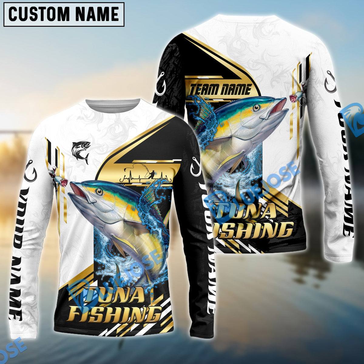 BlueJose Tuna Fishing Hook Graphic & Jumping Fish Art Custom Name & Team Name Shirt For Kids