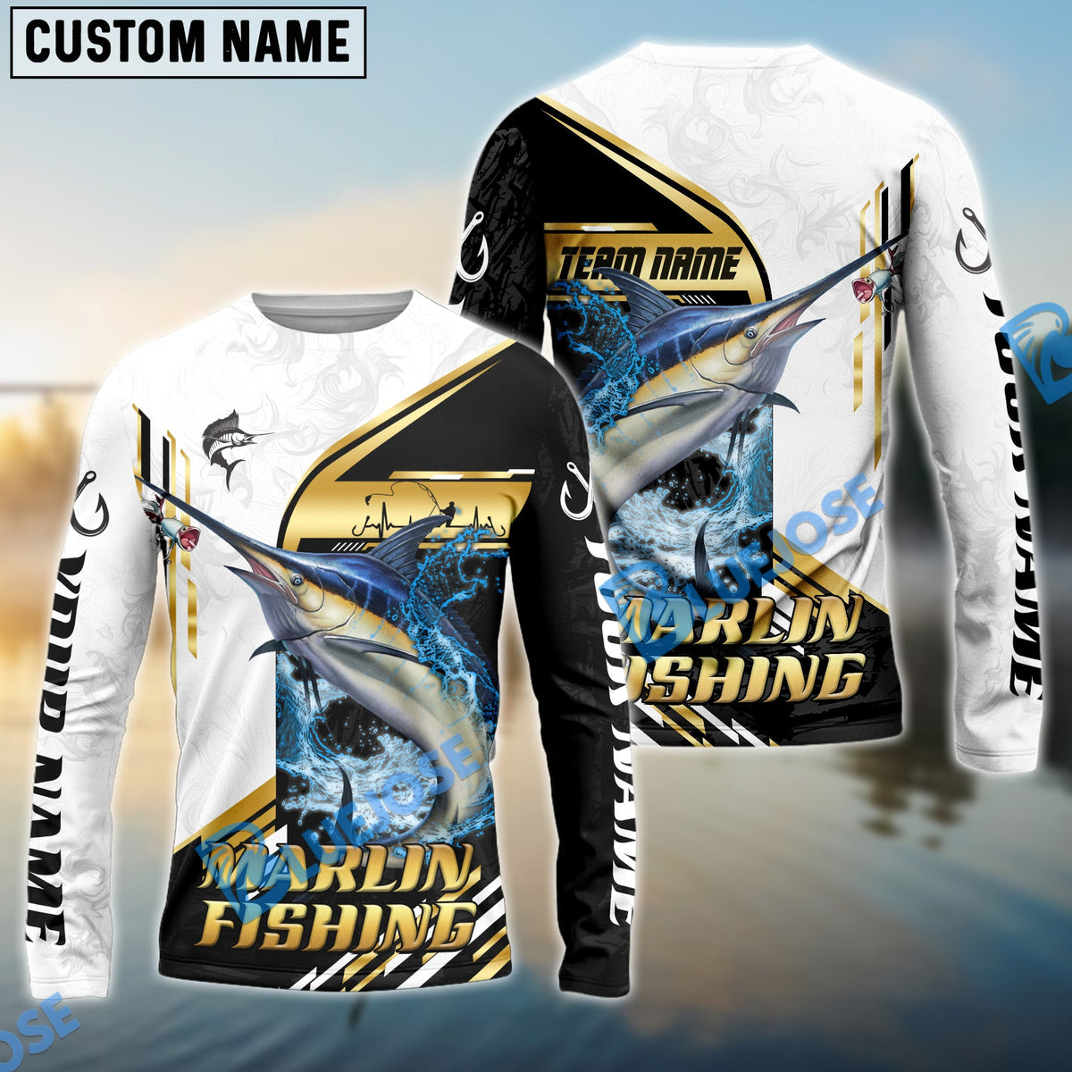 BlueJose Marlin Fishing Hook Graphic & Jumping Fish Art Custom Name & Team Name 3D Shirts