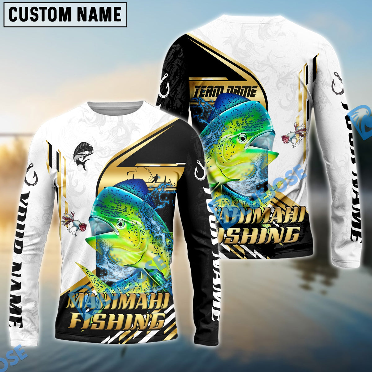 BlueJose Mahimahi Fishing Hook Graphic & Jumping Fish Art Custom Name & Team Name 3D Shirts
