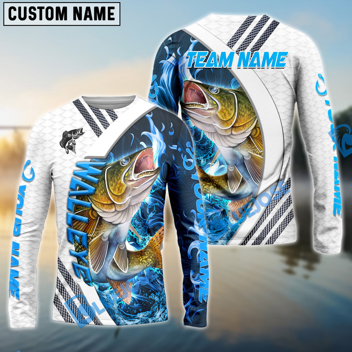 BlueJose Walleye Fishing White Blue Lava Sport Custom Name & Team Name 3D Shirts
