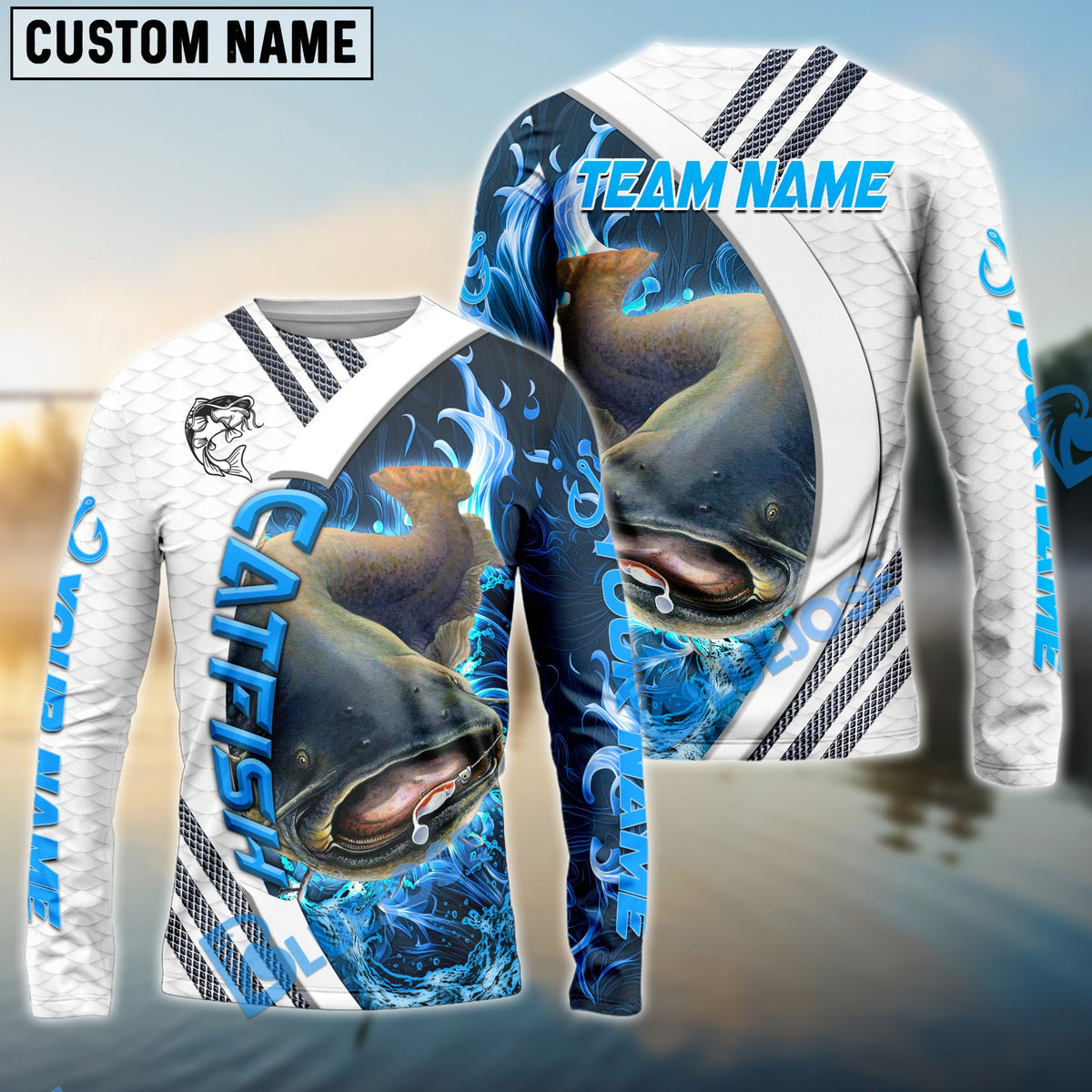 BlueJose Catfish Fishing White Blue Lava Sport Custom Name & Team Name 3D Shirts