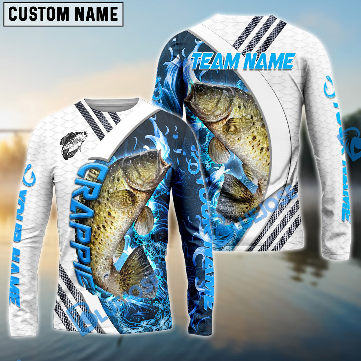 BlueJose Crappie Fishing White Blue Lava Sport Custom Name & Team Name 3D Shirts