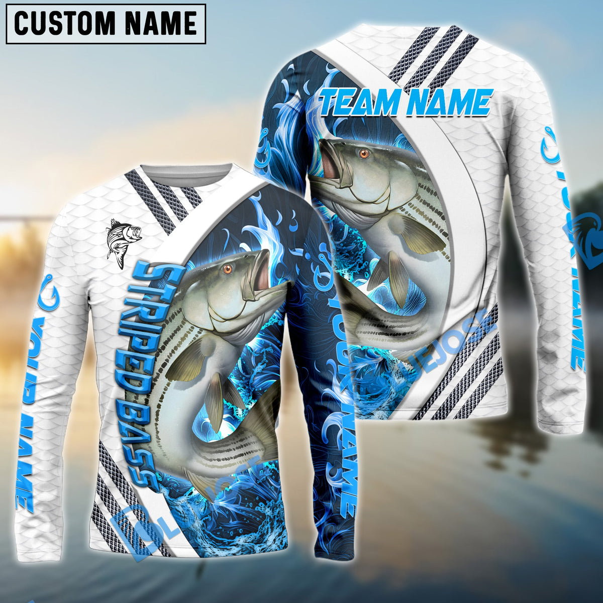 BlueJose Striped Bass Fishing White Blue Lava Sport Custom Name & Team Name 3D Shirts