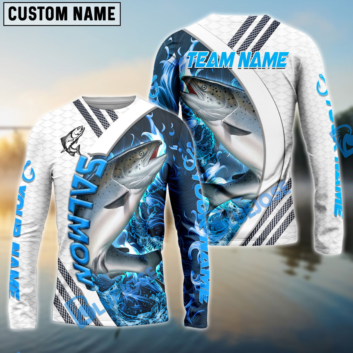 BlueJose Salmon Fishing White Blue Lava Sport Custom Name & Team Name 3D Shirts