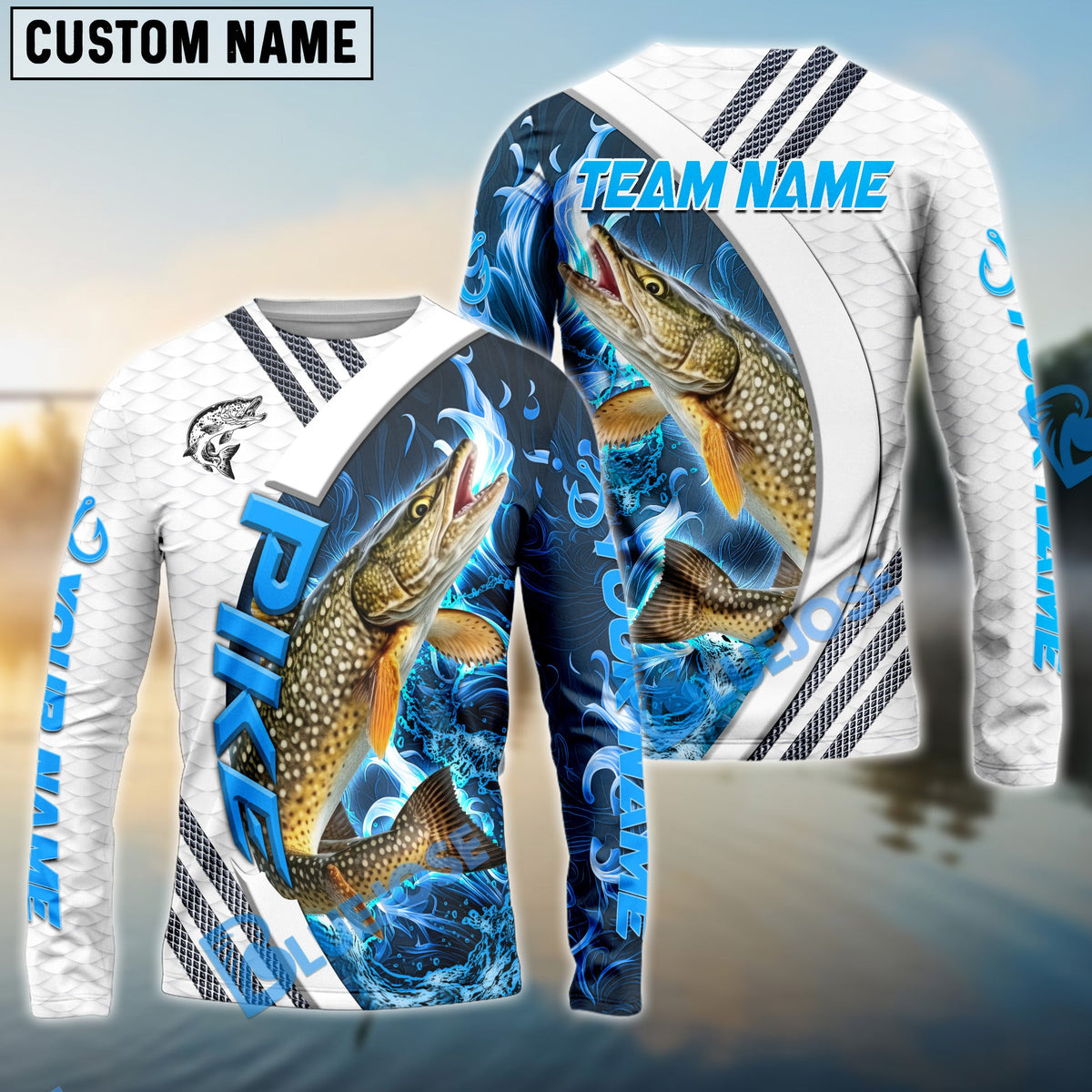 BlueJose Pike Fishing White Blue Lava Sport Custom Name & Team Name 3D Shirts