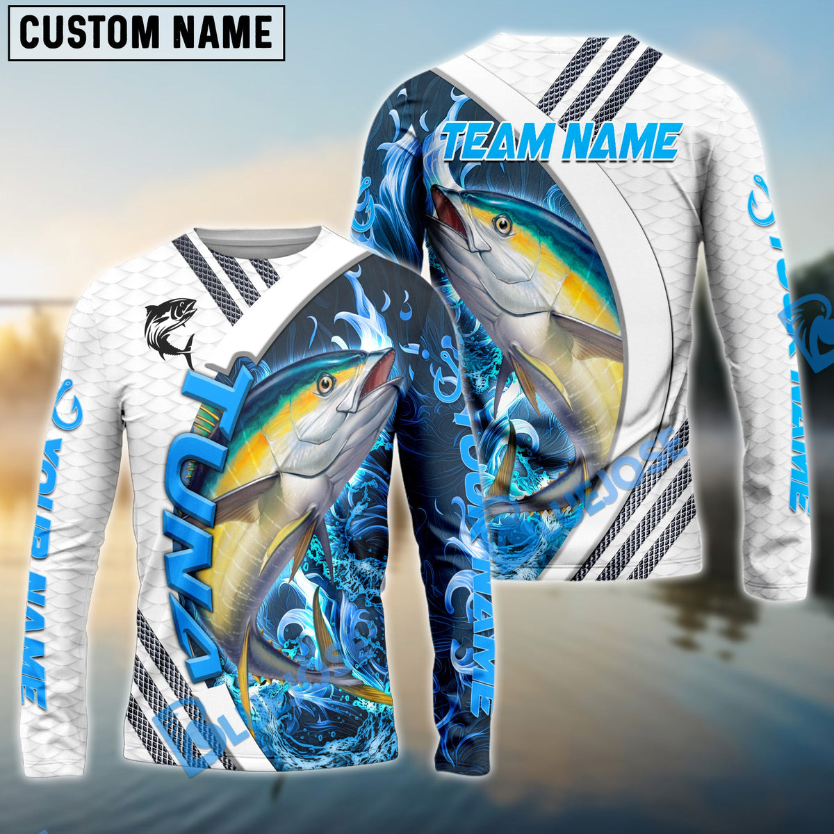 BlueJose Tuna Fishing White Blue Lava Sport Custom Name & Team Name 3D Shirts