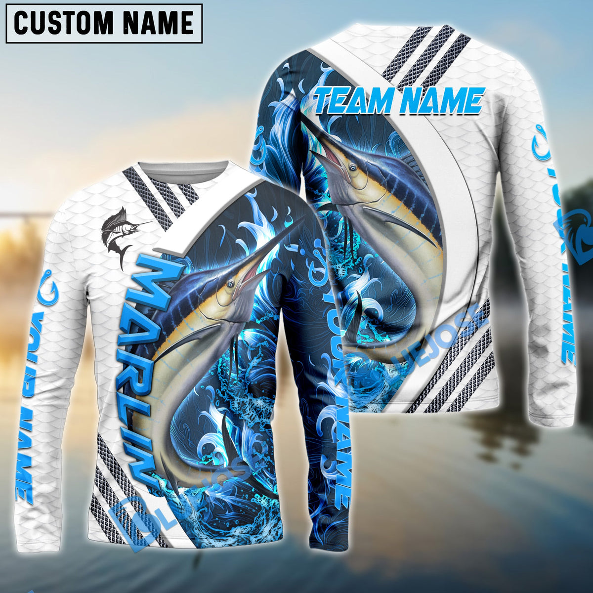 BlueJose Marlin Fishing White Blue Lava Sport Custom Name & Team Name 3D Shirts